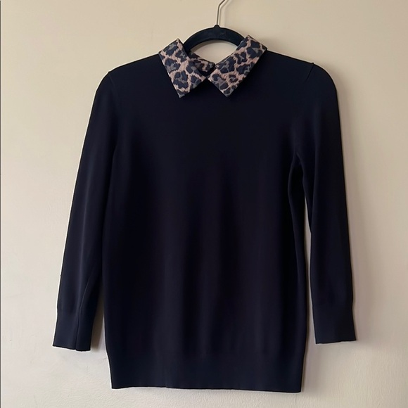 Talbots Black Top with Leopard Print Collar - Picture 1 of 10